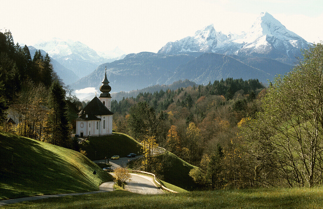 Maria Gern church and Watzmann mountain, Berchtesgaden, Upper Bavaria, Bavaria, Germany