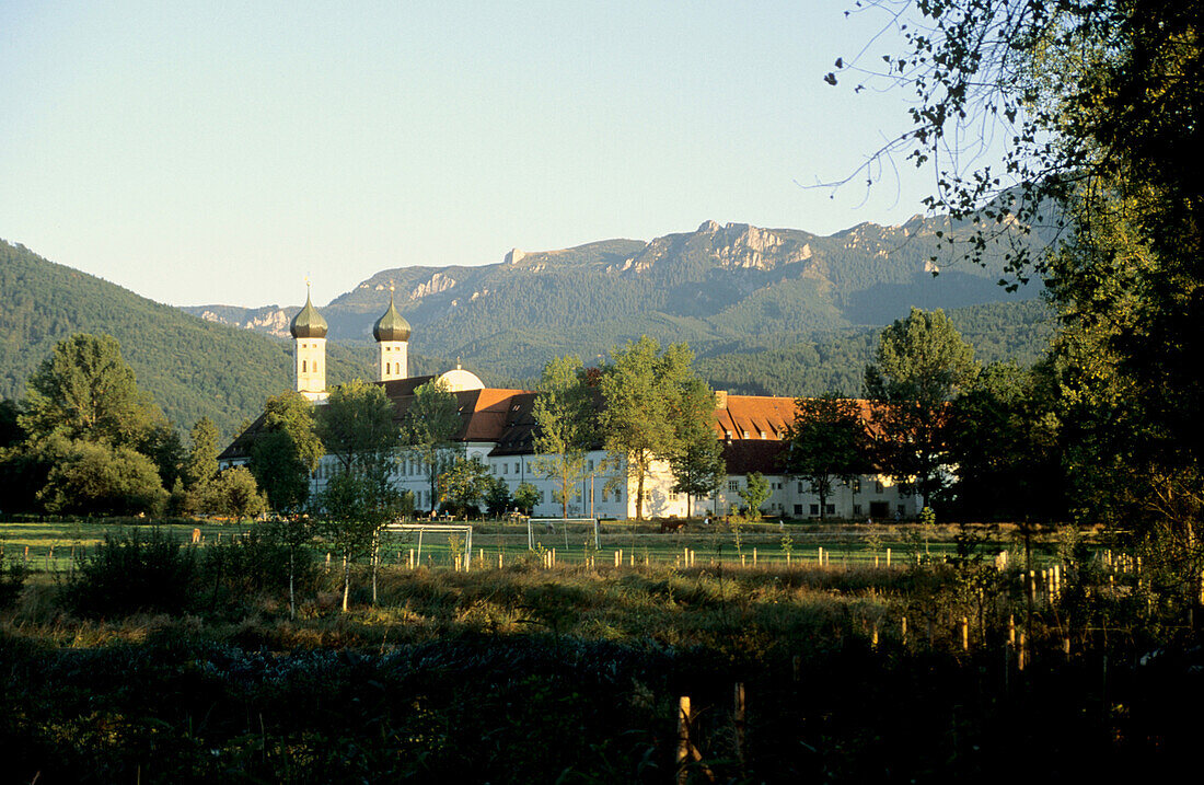 Benediktbeuren Abbey and landscape, Benediktbeuern, Upper Bavaria, Bavaria, Germany