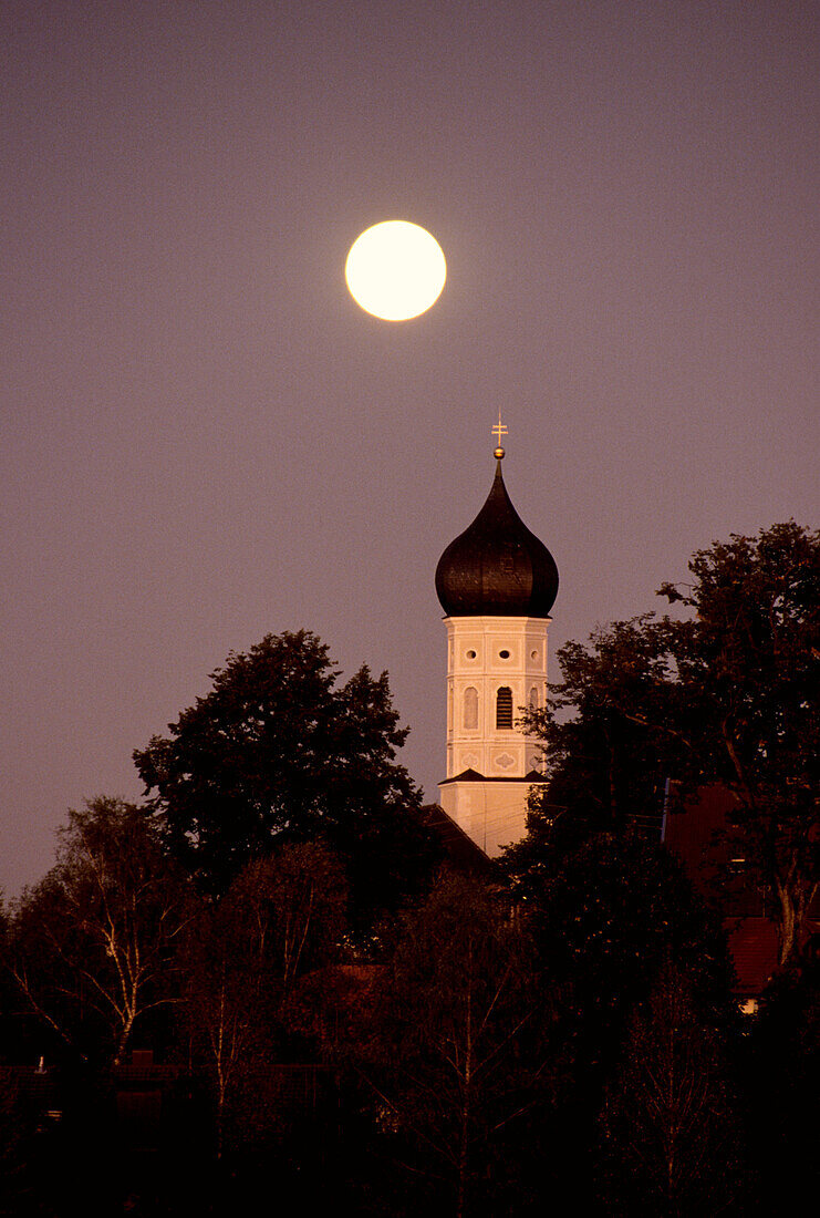 Full moon over Iffeldorf church, Upper Bavaria, Bavaria, Germany