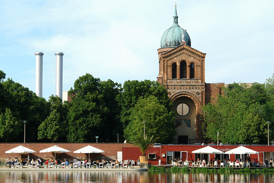 Cafe at Engelbecken, St. Michael Church in background, Berlin, Germany