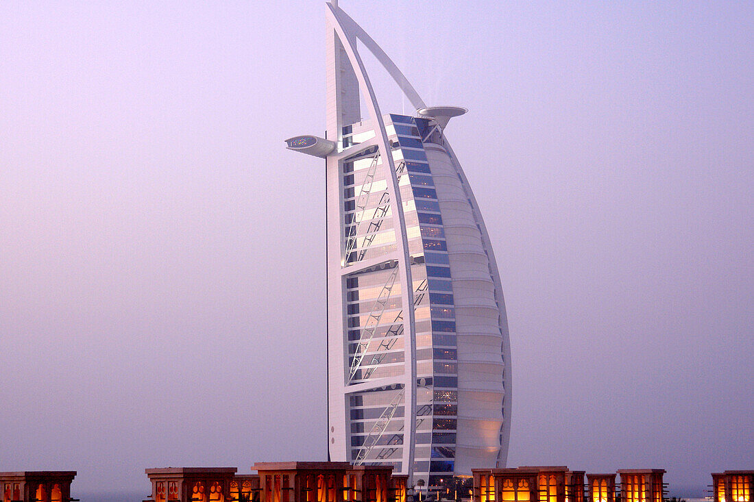 Burj al Arab at dusk, Jumeirah, Dubai, United Arab Emirates, UAE