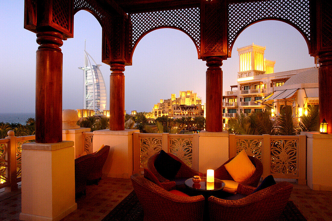 Al Qasr Hotel restaurant, Madinat Jumeirah with Burj al Arab in the background, Dubai, United Arab Emirates, UAE