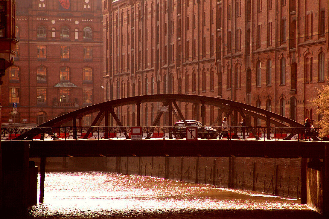 Speicherstadt with bridge, warehouse district, storage area of the city, Hamburg, Germany