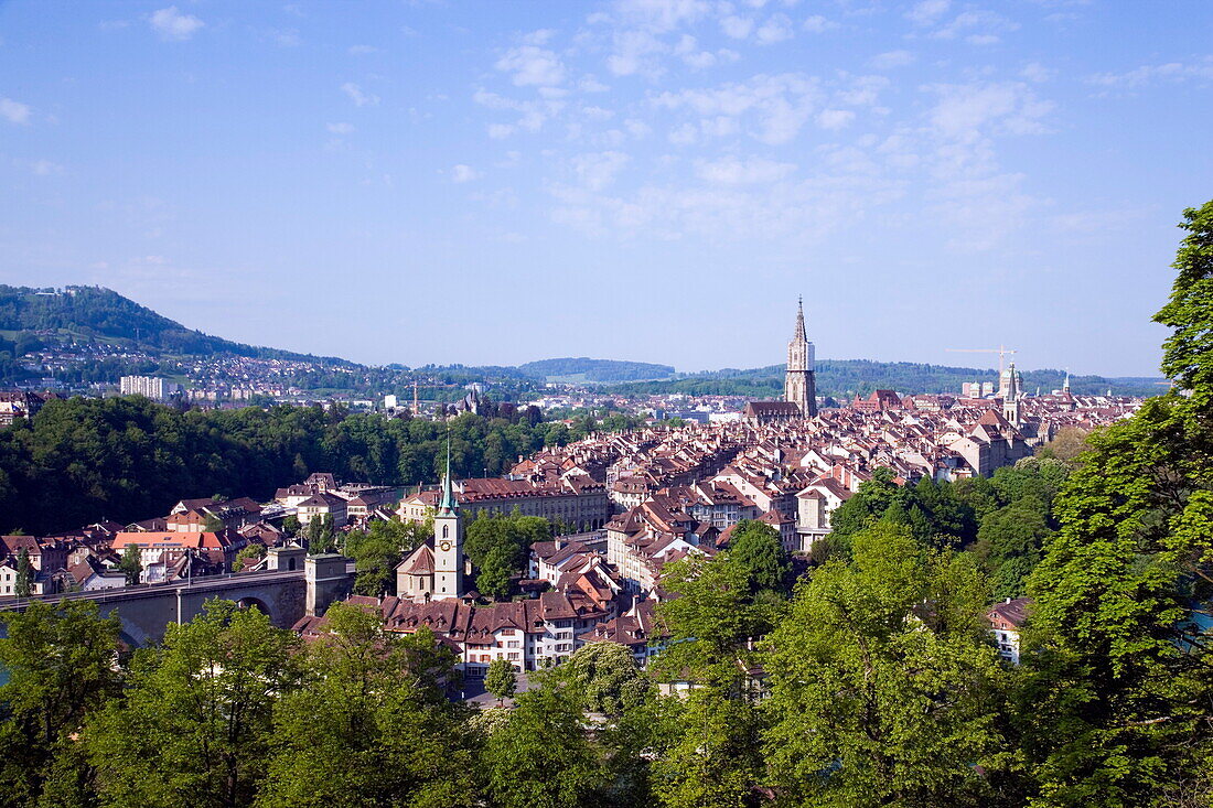 View of the Old City of Berne with Nydegg Church and Cathedral, Berner Muenster in the background, Berne, Switzerland