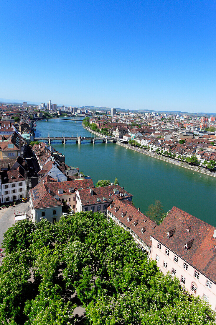 View of the Old City of Basel and bridge, Mittlere Rheinbruecke, over the River Rhine, Klein-Basel, Basel, Switzerland