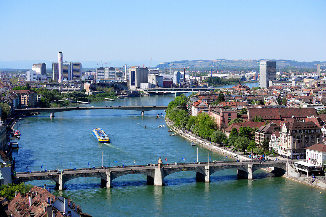 View of Basel and the River Rhine with Novartis Industrial Complex in the background, Basel, Switzerland