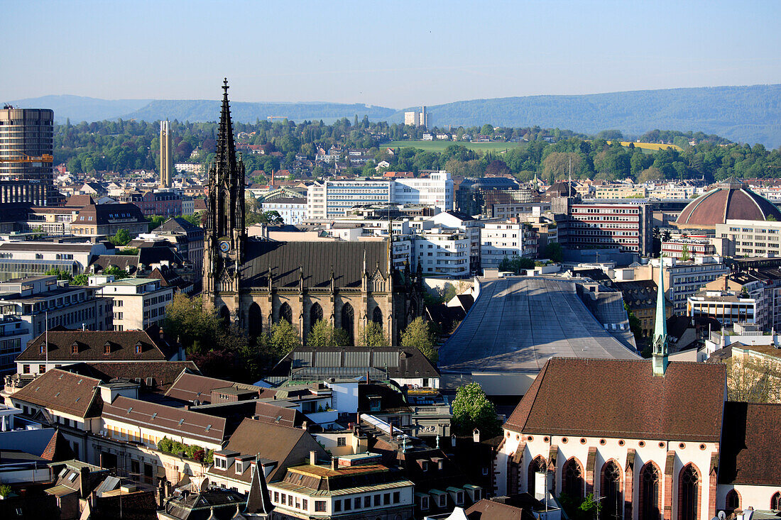 View of the city of Basel with church, Katharinenkirche, Basel, Switzerland