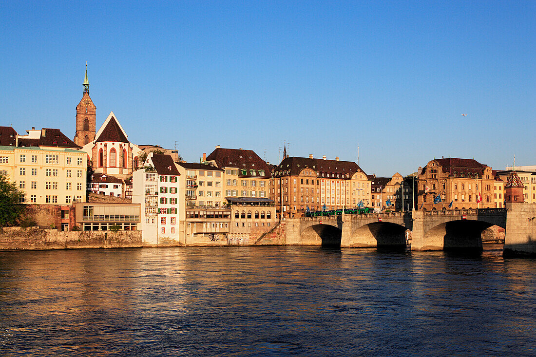 View of the old city of Basel with St. Martins Church in the background, Mittlere Rheinbrücke, Basel, Switzerland