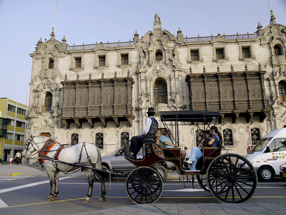 Archbishop palace & Horse cart. Historic centre. Lima. Peru