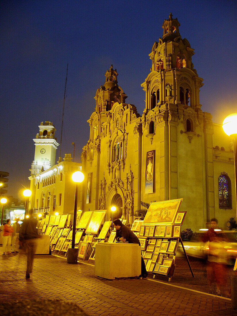 Virgen Milagrosa Church and street painters. Miraflores, Lima. Peru