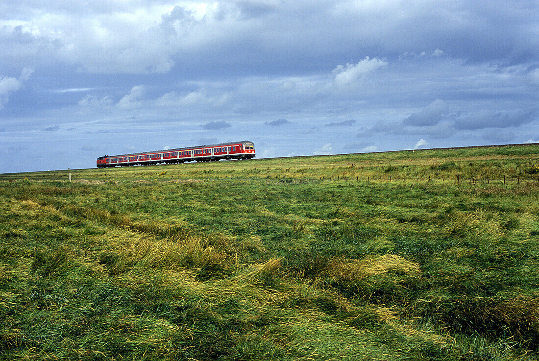 Regional train of Deutsche Bahn with diesel locomotive in double track on the Hindenburgdamm that connects Sylt island with the mainland. North Frisian. Schleswig-Holstein. Germany