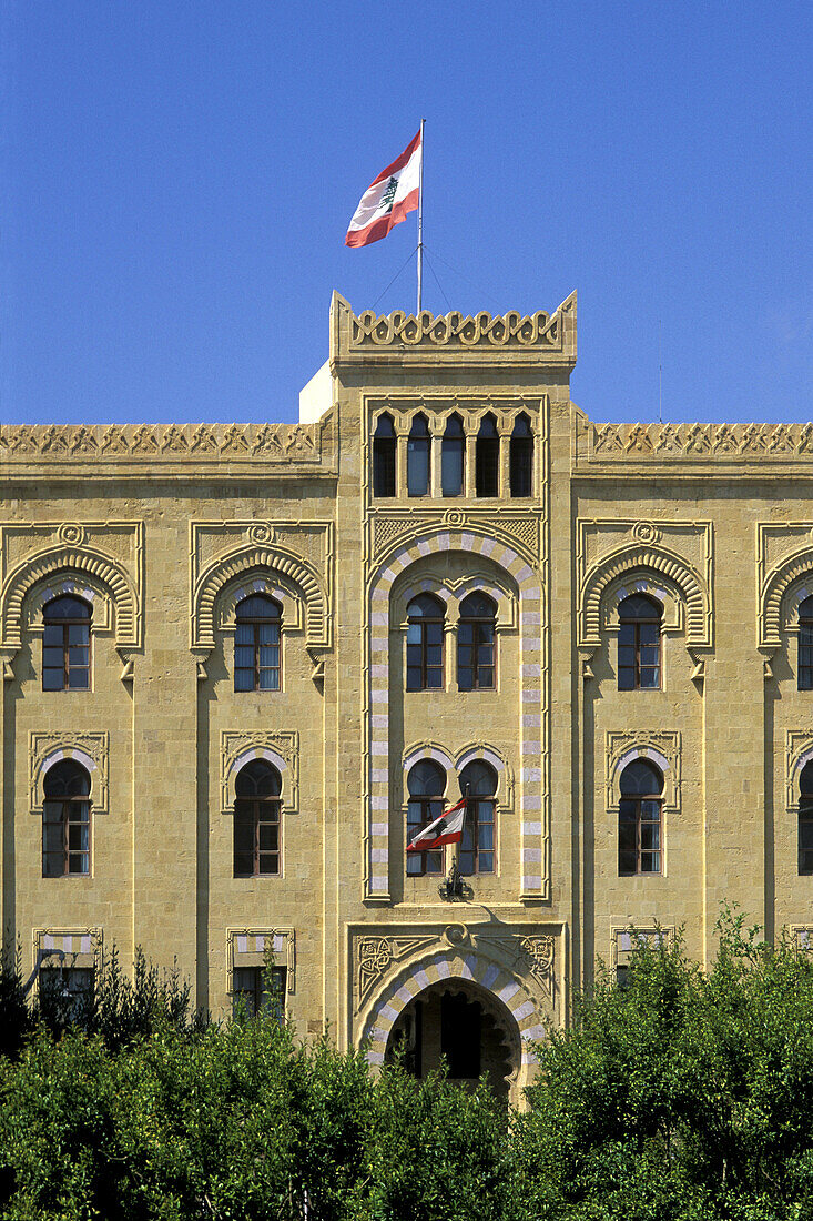 Facade of town hall with lebanese flag, Beirut, Lebanon, Middle East, Asia