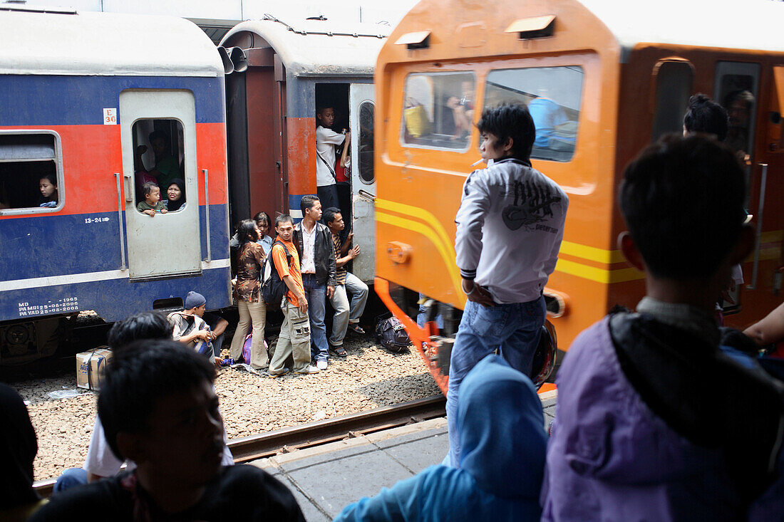 People waiting at Senen train station of Jakarta, Indonesia, Southeast Asia