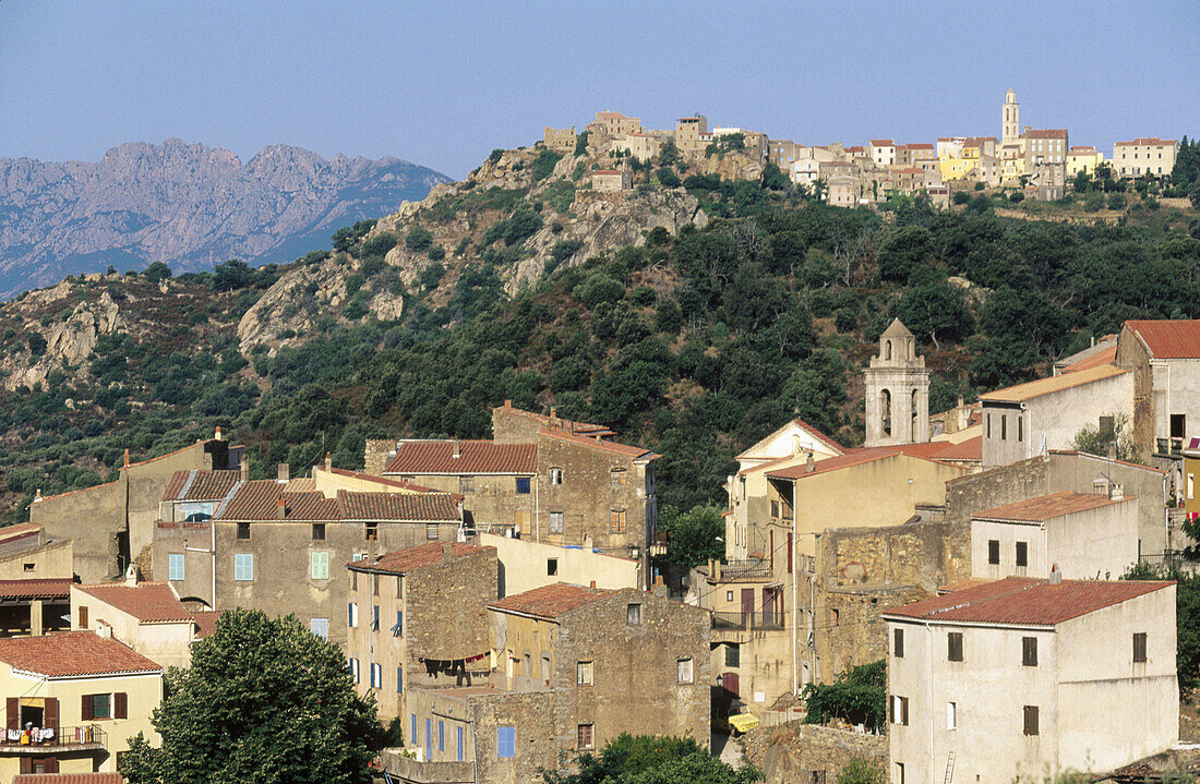 View of the towns of Cassano and Montemaggiore. Balagne region. Corsica Island. France