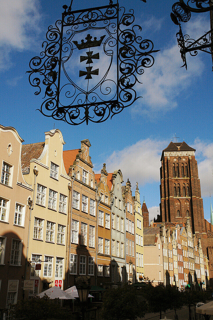 Piwna Street (Beer Street) In the foreground The Church of the Holy Mother. Above the gild of Gdansk. Poland.