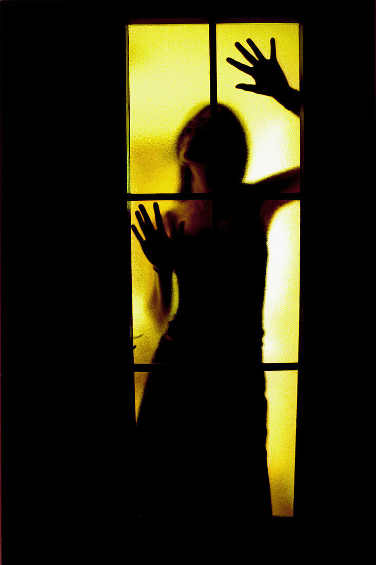  Adult, Adults, Anonymous, Attracting attention, Back-light, Backlight, Caught, Closed, Color, Colour, Contemporary, Craziness, Crazy, Deranged, Derangement, Disturbing, Door, Doors, Dread, Fear, Female, Glass, Horror, Human, Indoor, Indoors, Inside, Inte
