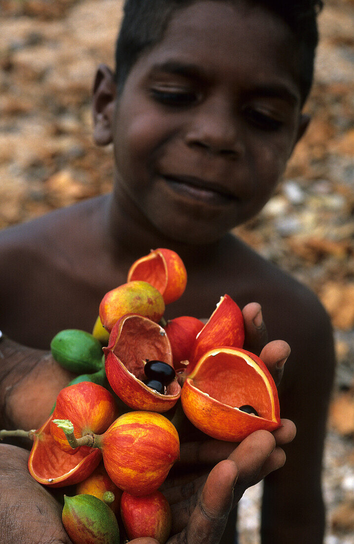 Aboriginal Kinder mit Buscherdnüssen in Arnhem Land, Australien