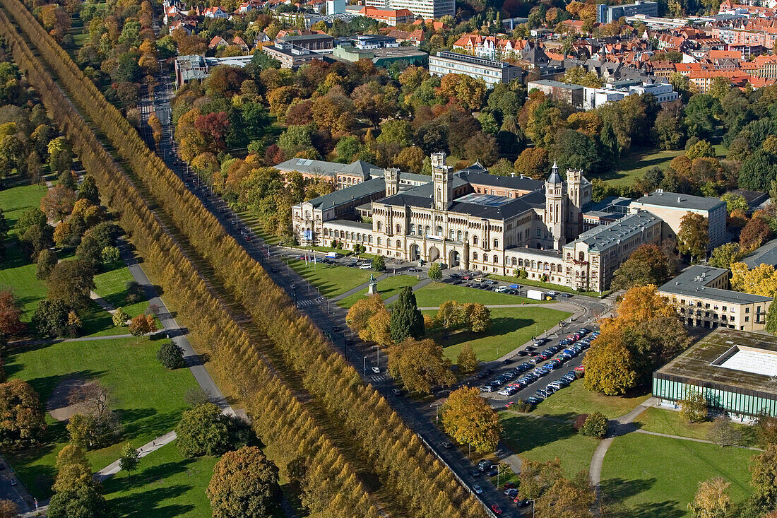 aerial view of Hanover's university now called Leibniz University in the former Welfen Palace, avenue of Linden trees in Georgengarten, Herrenhausen, Hanover, Lower Saxony, northern Germany