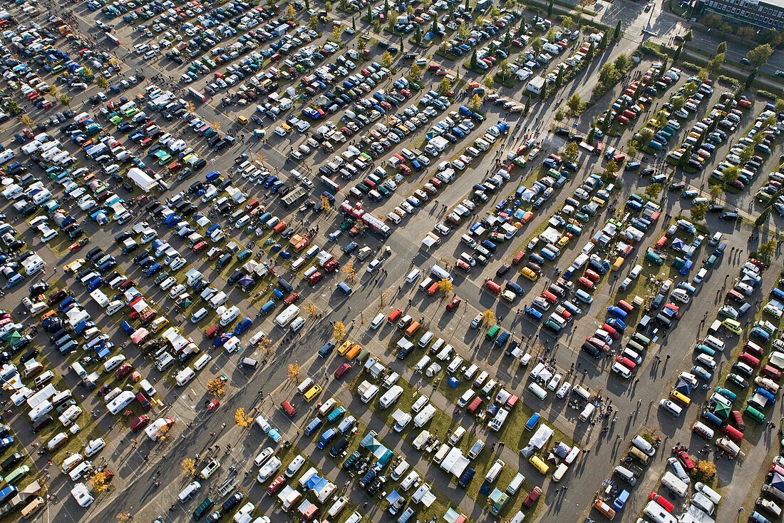 Aerial shot of parking lot at Hanover fairground, Hanover, Lower Saxony, Germany