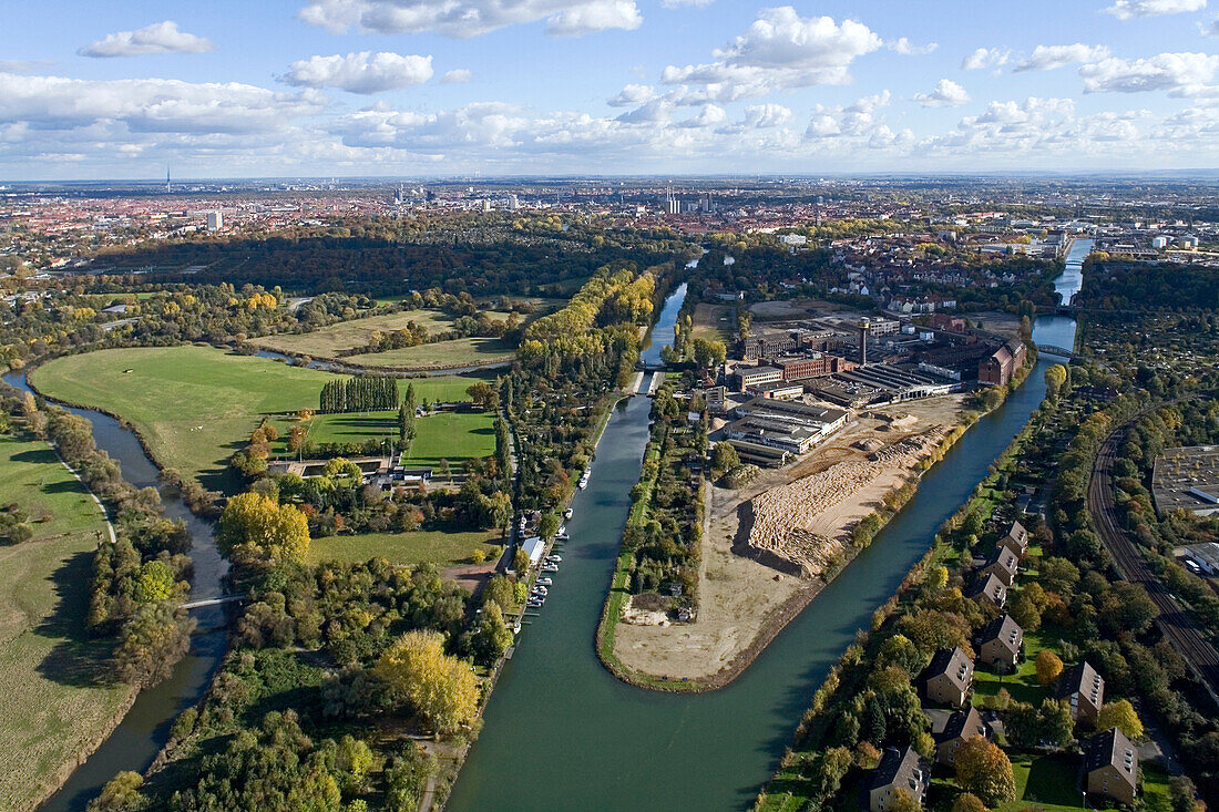 aerial view of Leine River and former Continental tyre factory to be converted into a residential Wasserstadt, Limmer Hanover, Lower saxony, northern Germany