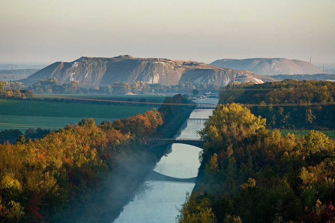 Aerial shot of the Mittellandkanal (midland canal) and stockpile, Sehnde, Lower Saxony, Germany