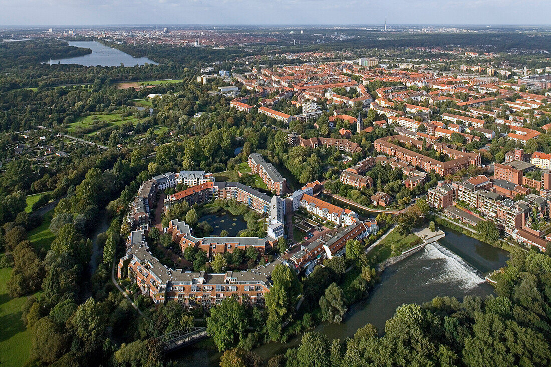 aerial view of housing settlement, Döhrener Wolle, on an island of the Leine River, Hanover, Lower Saxony, northern Germany