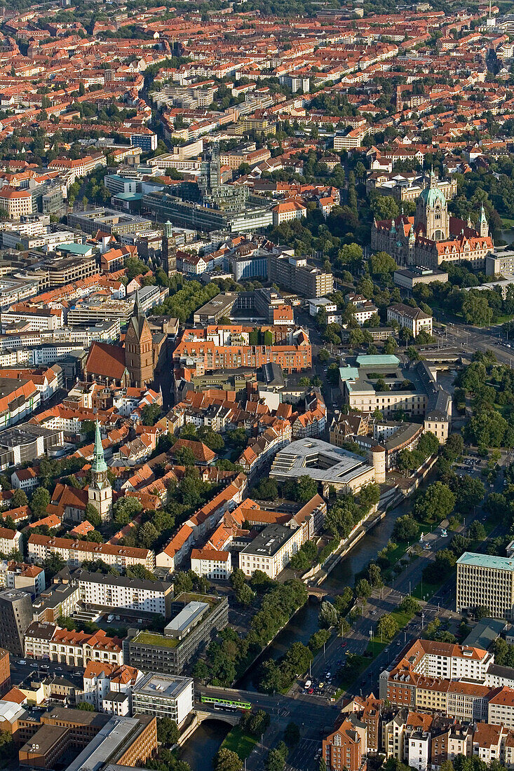 aerial view of Hanover, inner city, New Town Hall, Nord LB, Marktkirche, Lower Saxony, northern Germany