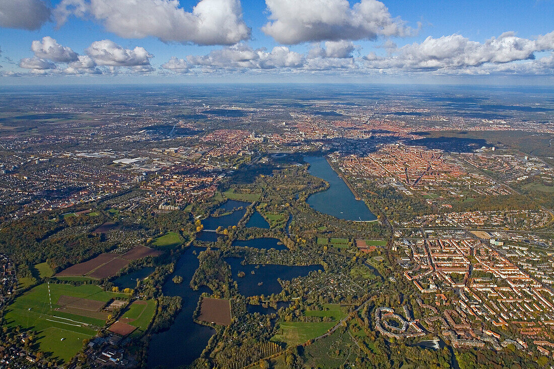 Aerial shot of Hanover with lake Maschsee and flootplains of river Leine, Lower Saxony, Germany