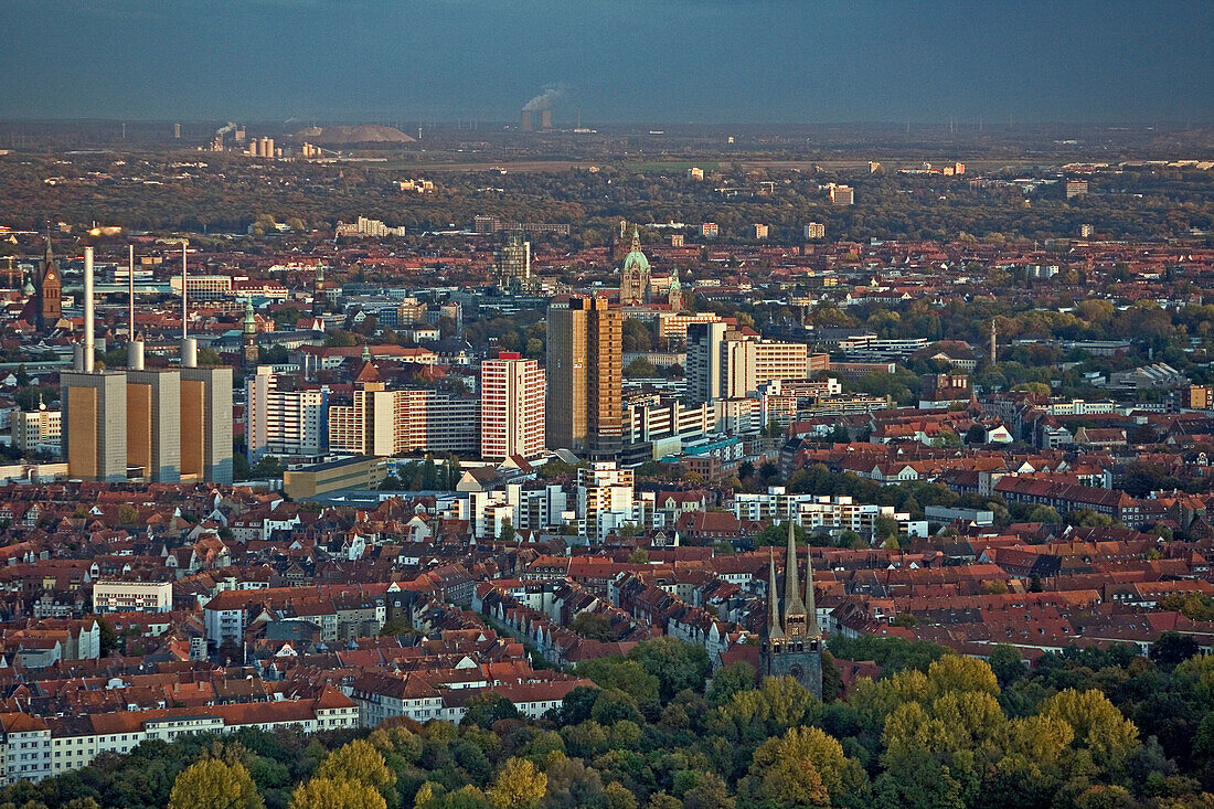 aerial view of Linden district with power station and high rise flats of the Ihme Zentrum, Hanover, Lower Saxony, northern Germany