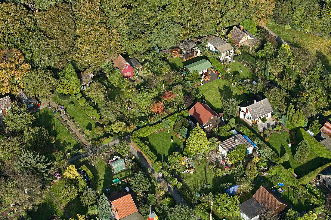aerial overhead view of small allotment gardens or Schrebergärten in Hanover, Lower Saxony, northern Germany