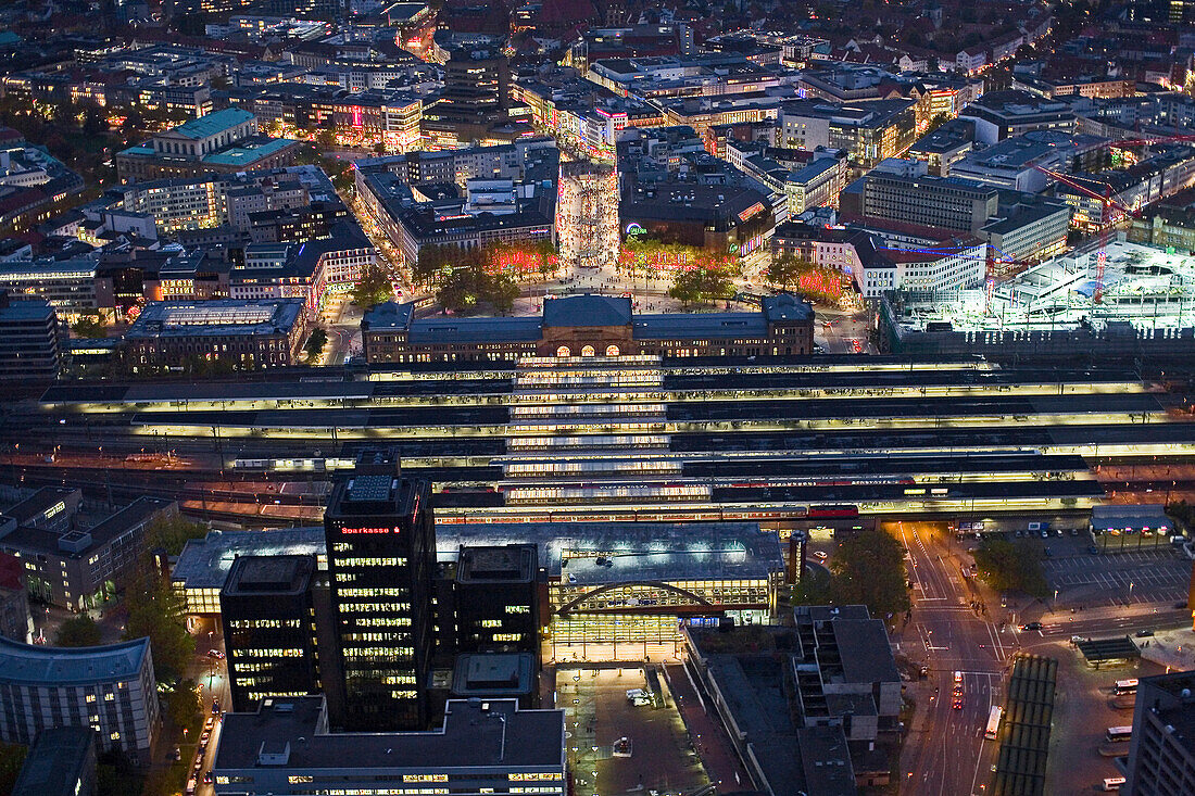 Aerial shot of central station at night, Hanover, Lower Saxony, Germany