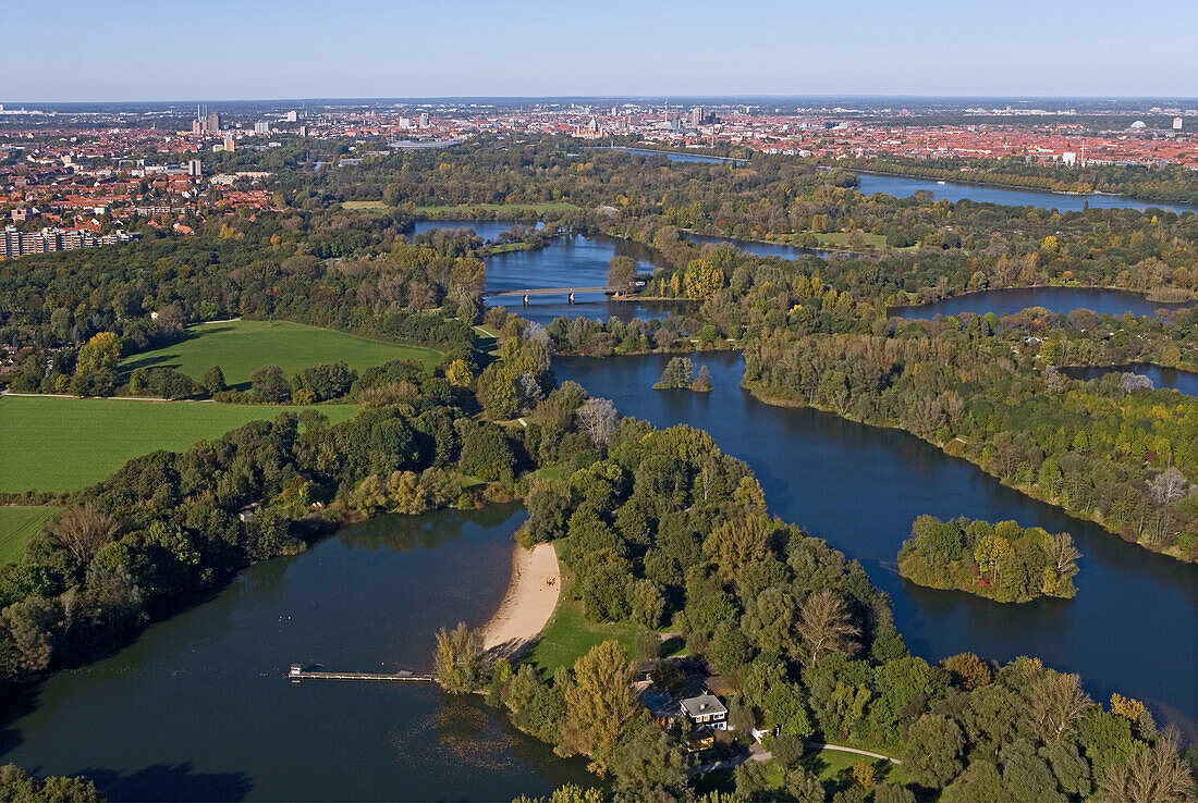 Aerial shot of Leine river and floodplain, Hanover, Lower Saxony, Germany
