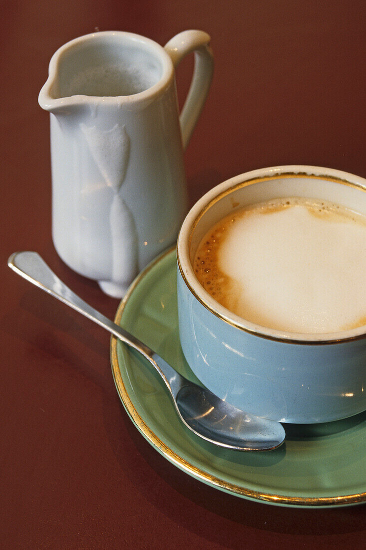 Cup of coffee and a milk jug, Café au lait, Cafe, Paris, France