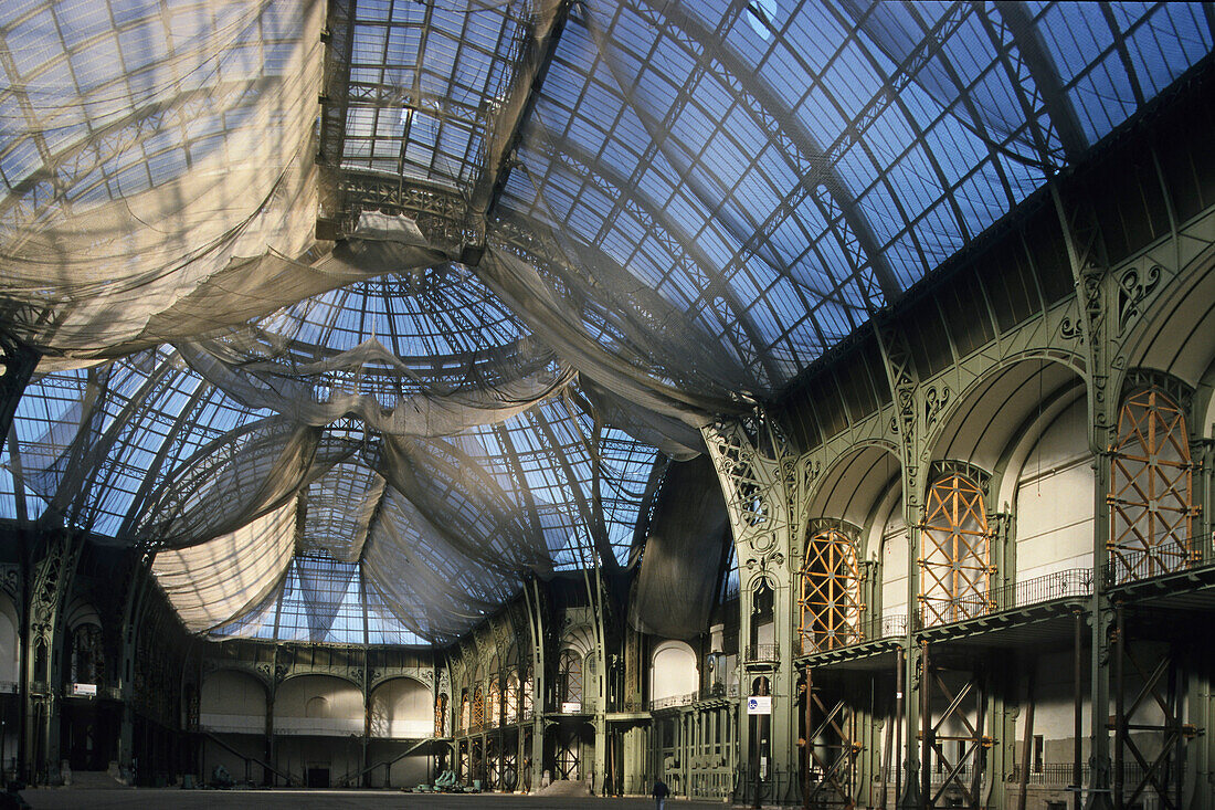 Grand Palais built for the World Exhibition in 1900, the net under the roof is to prevent falling parts during the 12 years renovation period, Paris, France