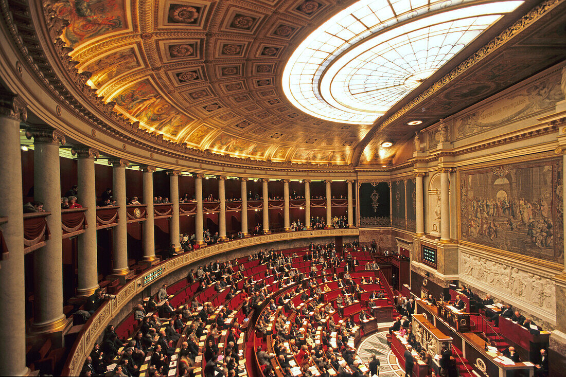 Nationalversammlung, Innenansicht des Sitzungssaals, Palais Bourbon, 7. Arrondissement, Paris, Frankreich