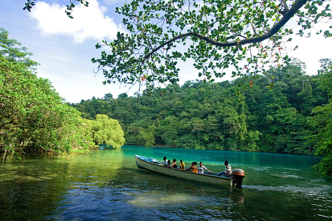 Jamaica Port Antonio Tropical landscape at  Blue lagoon, tour boat with tourists