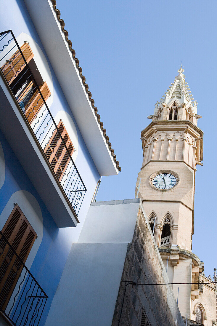 Blue and White House and Manacor Church Tower, Manacor, Mallorca, Balearic Islands, Spain