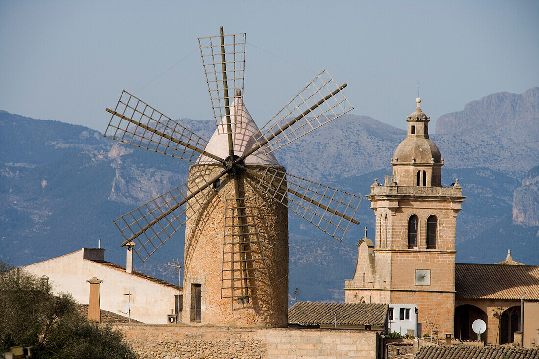 Windmill and Algaida Church, Algaida, Mallorca, Balearic Islands, Spain