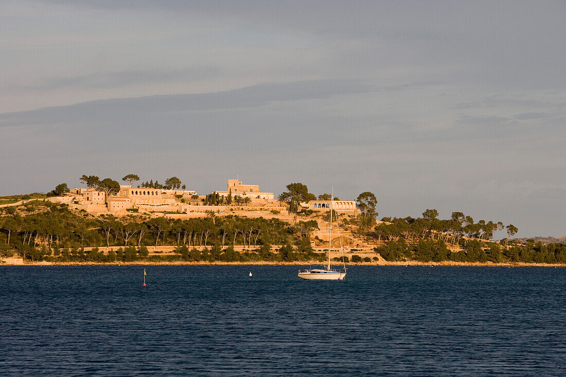 Sailboat and Fortress, Port de Pollenca, Mallorca, Balearic Islands, Spain