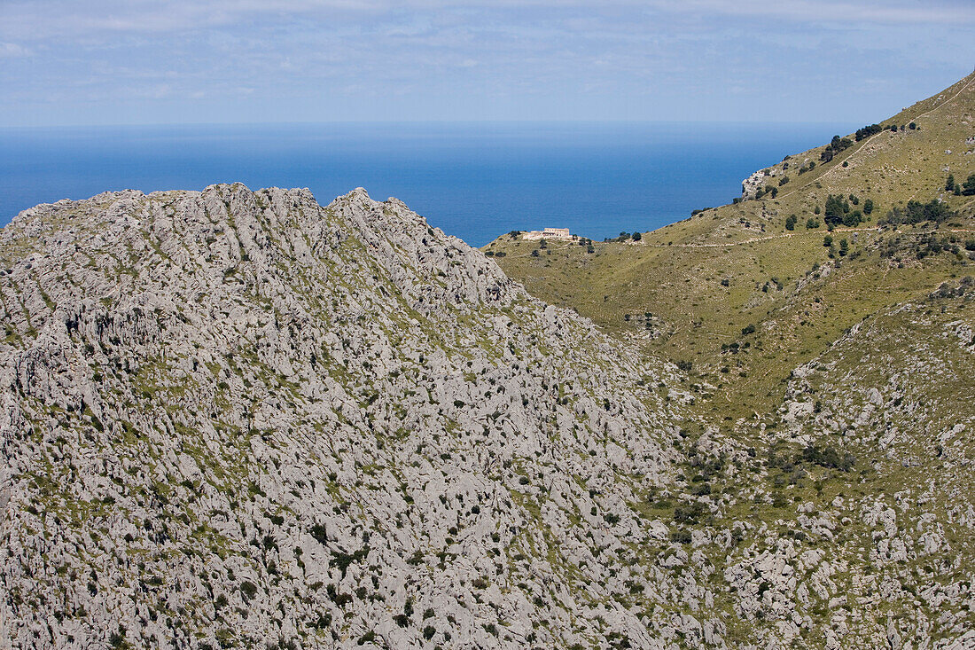 Limestone Rocks and Finca in Serra de Tramuntana Mountains, Mallorca, Balearic Islands, Spain