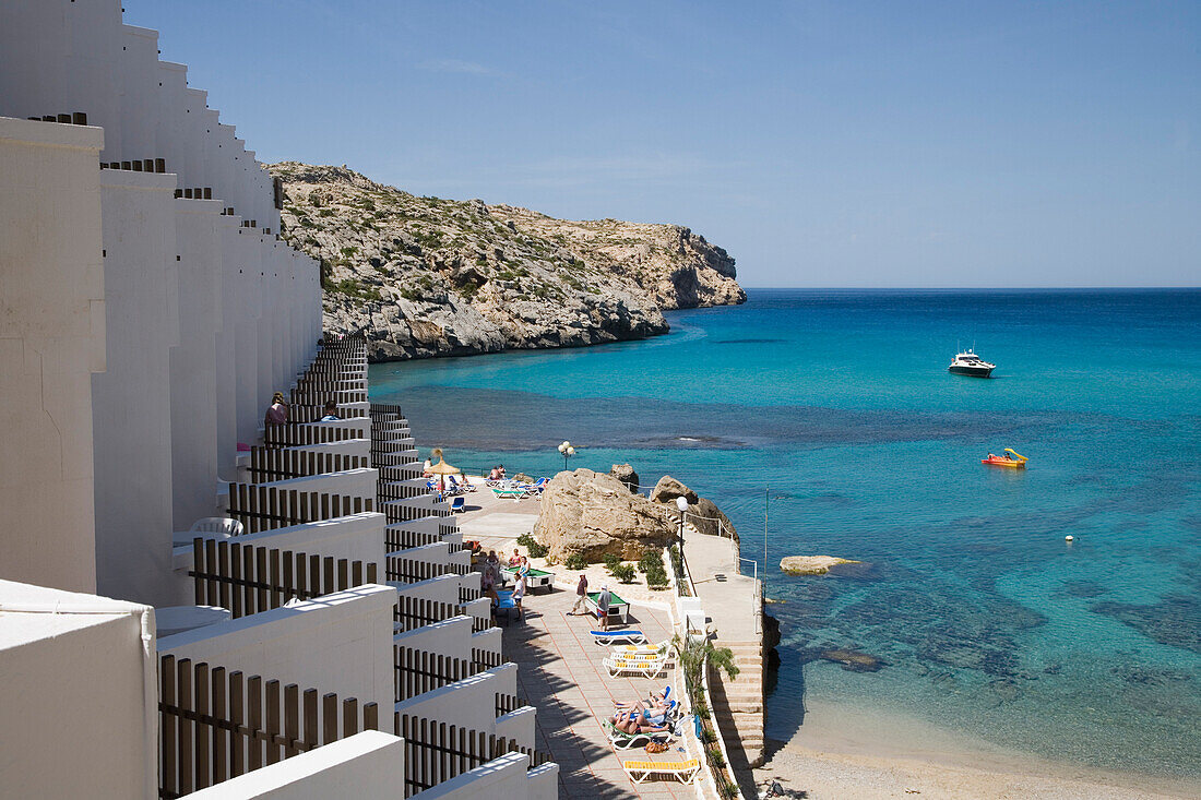Balconies of Don Pedro Hotel and Cala Sant Vicenc Bay, Cala Sant Vicenc, Mallorca, Balearic Islands, Spain