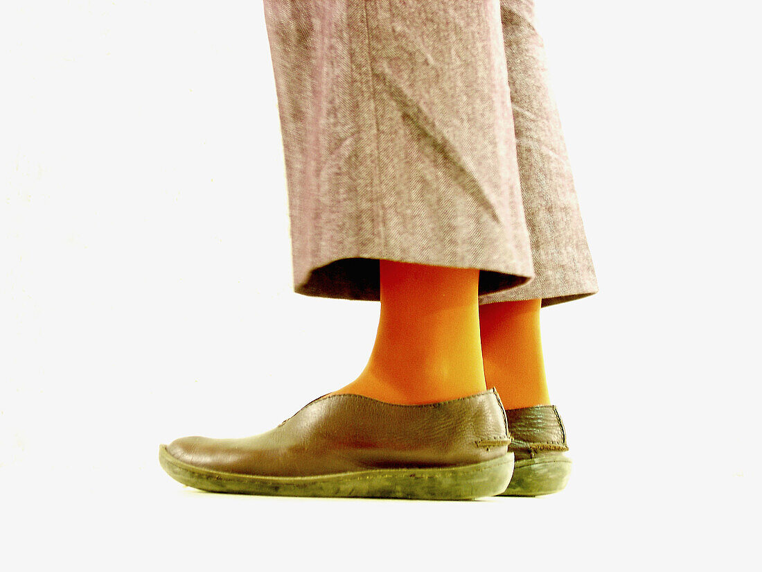 Detail, Details, Eine Person, Eins, Erwachsene, Erwachsener, Farbe, Fuß, Füsse, Horizontal, Innen, Komfort, Mensch, Menschen, Mode, Modern, Schuh, Schuhe, Schuhwerk, Stehen, Stehend, L55-313956, agefotostock