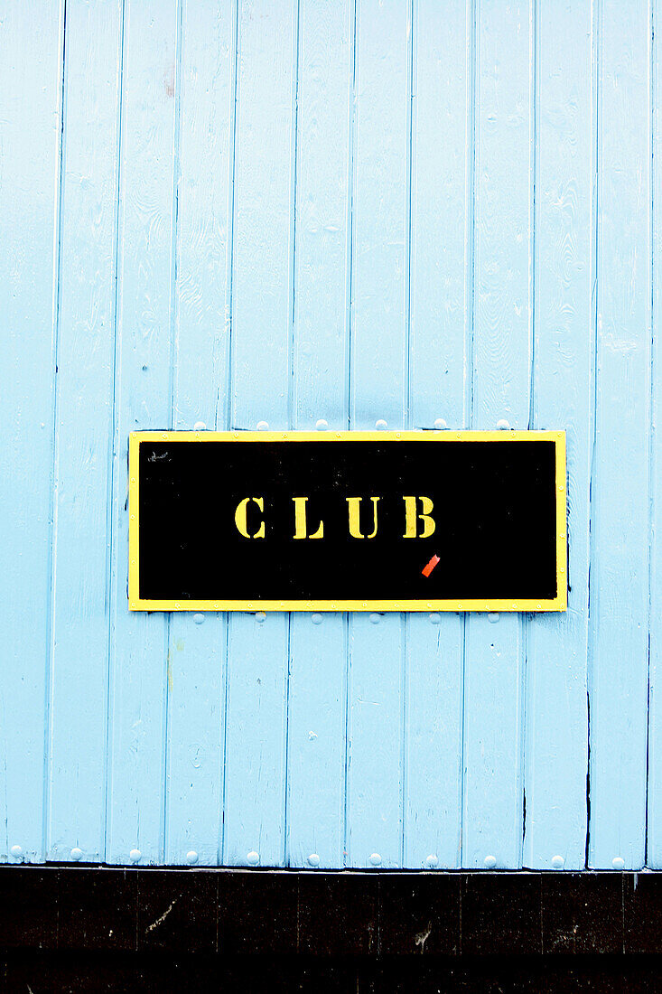 Blue, Closed, Club, Color, Colour, Concept, Concepts, Daytime, Door, Doors, Exterior, Horizontal, Nobody, Outdoor, Outdoors, Outside, Sign, Signs, Wood, Wooden, L55-367186, agefotostock