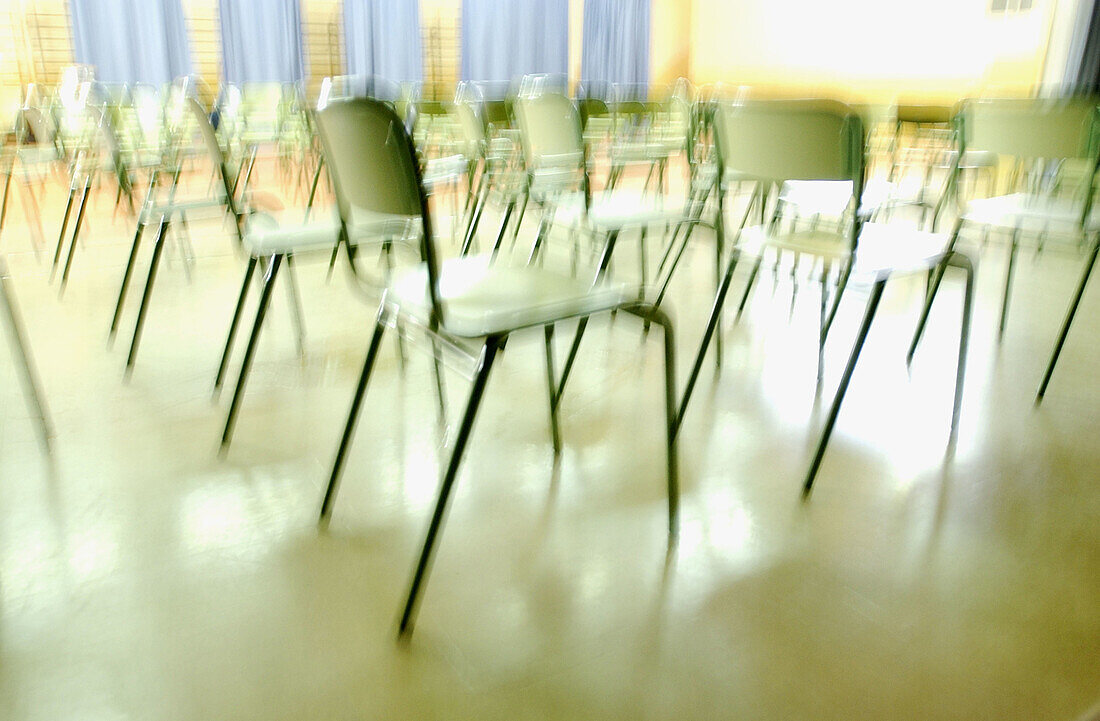 Blurred, Chair, Chairs, Classroom, Classrooms, Close up, Close-up, Closeup, Color, Colour, Concept, Concepts, Horizontal, Indoor, Indoors, Inside, Interior, Nobody, Waiting room, Waiting rooms, L55-367201, agefotostock