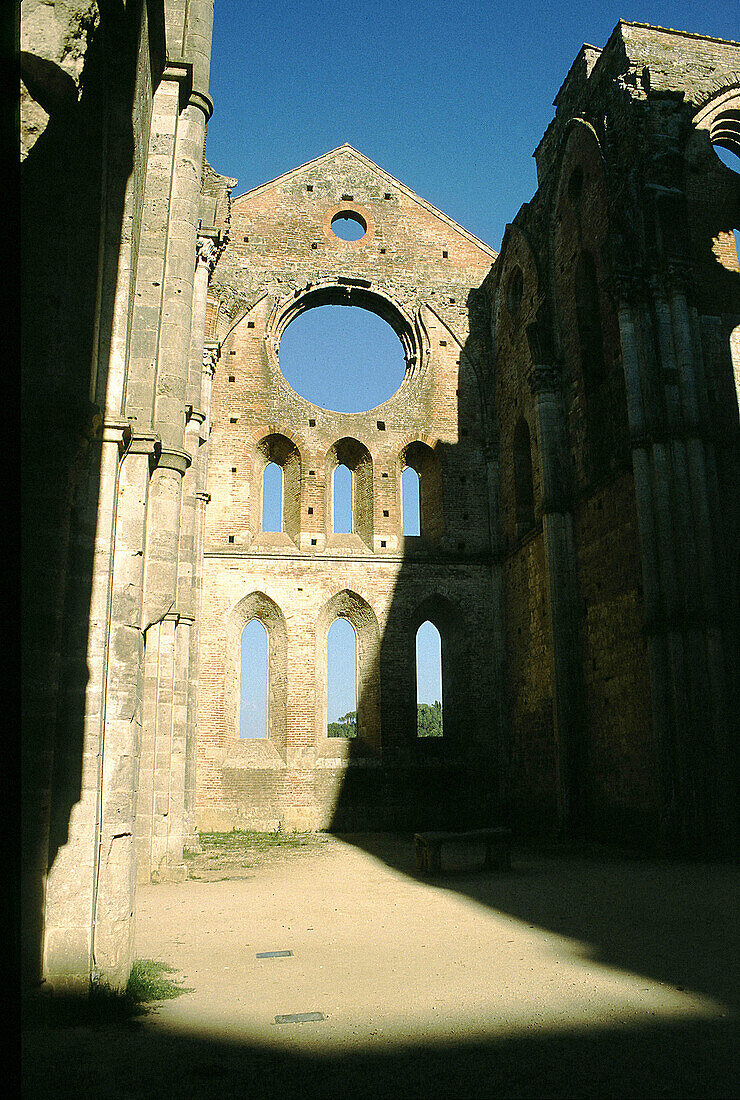 Ruins of the Gothic Abbey of San Galgano. Tuscany. Italy