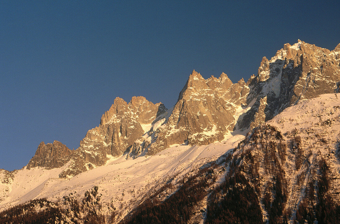 Aiguille de Blaitière (3522 m.), Aiguilles de Chamonix (Chamonix Needles) in winter, Alps. France