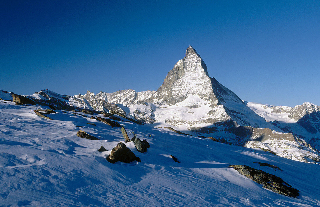 Matterhorn (4478 m.), Alps in the morning from Gornergrat in winter. Valais, Switzerland