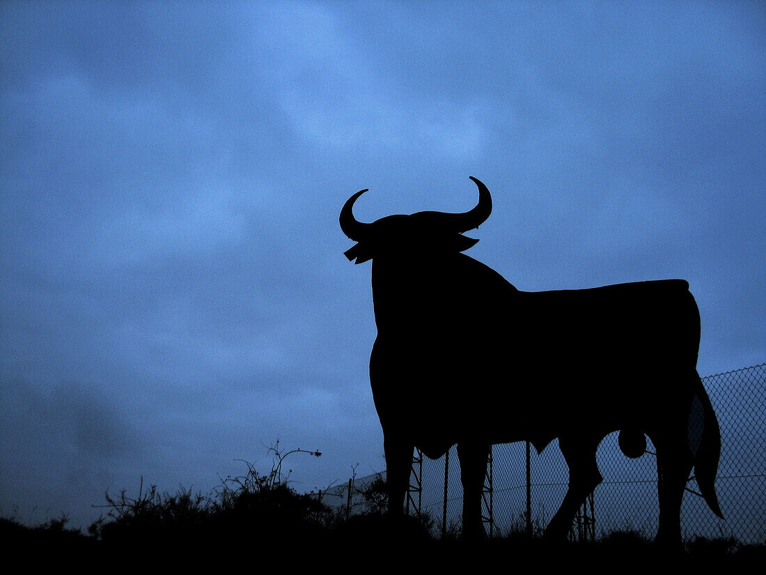 Bull silhouette, typical advertising of Spanish sherry Osborne. Navarre, Spain
