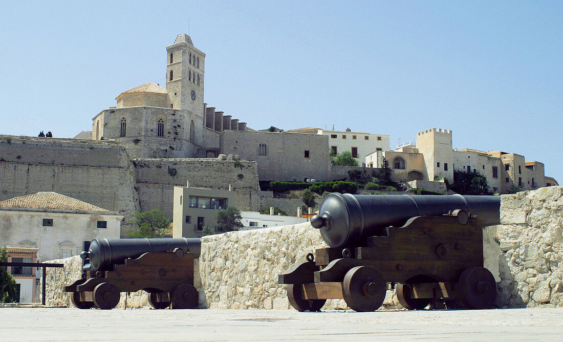 Bastion of Santa Llúcia and cathedral in Dalt Vila district. Ibiza, Balearic Islands. Spain