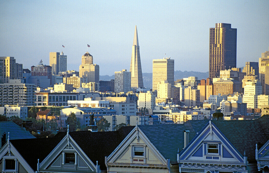 Victorian Houses and city. Alamo Square. San Francisco. California. USA